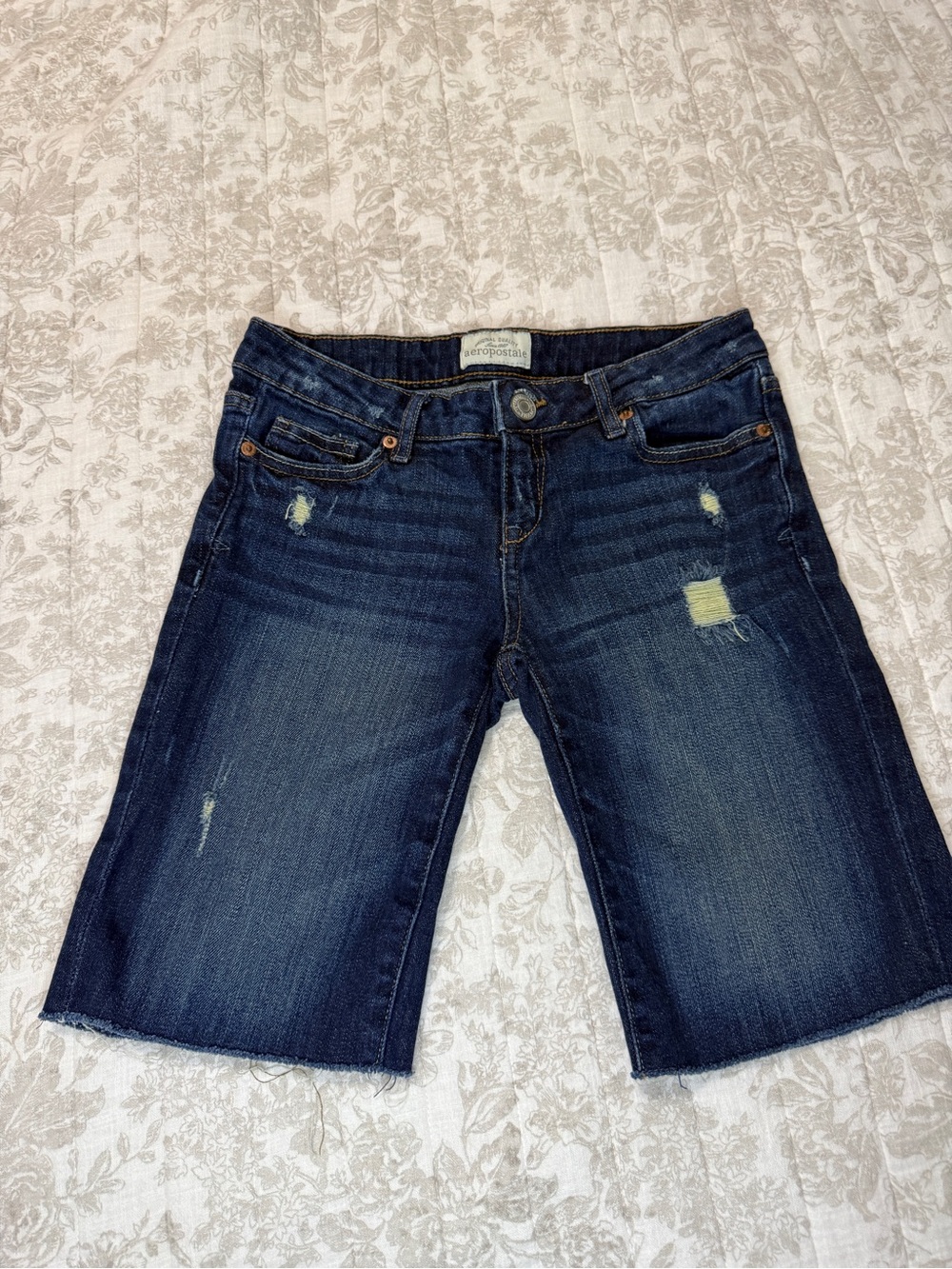 Aeropostale Women's Dark Blue Distressed Boyfriend Denim Bermuda Shorts
